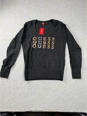 Guess Womens‎ Lane Repeat Logo Sweater XL Black Sequin Pullover NWT
